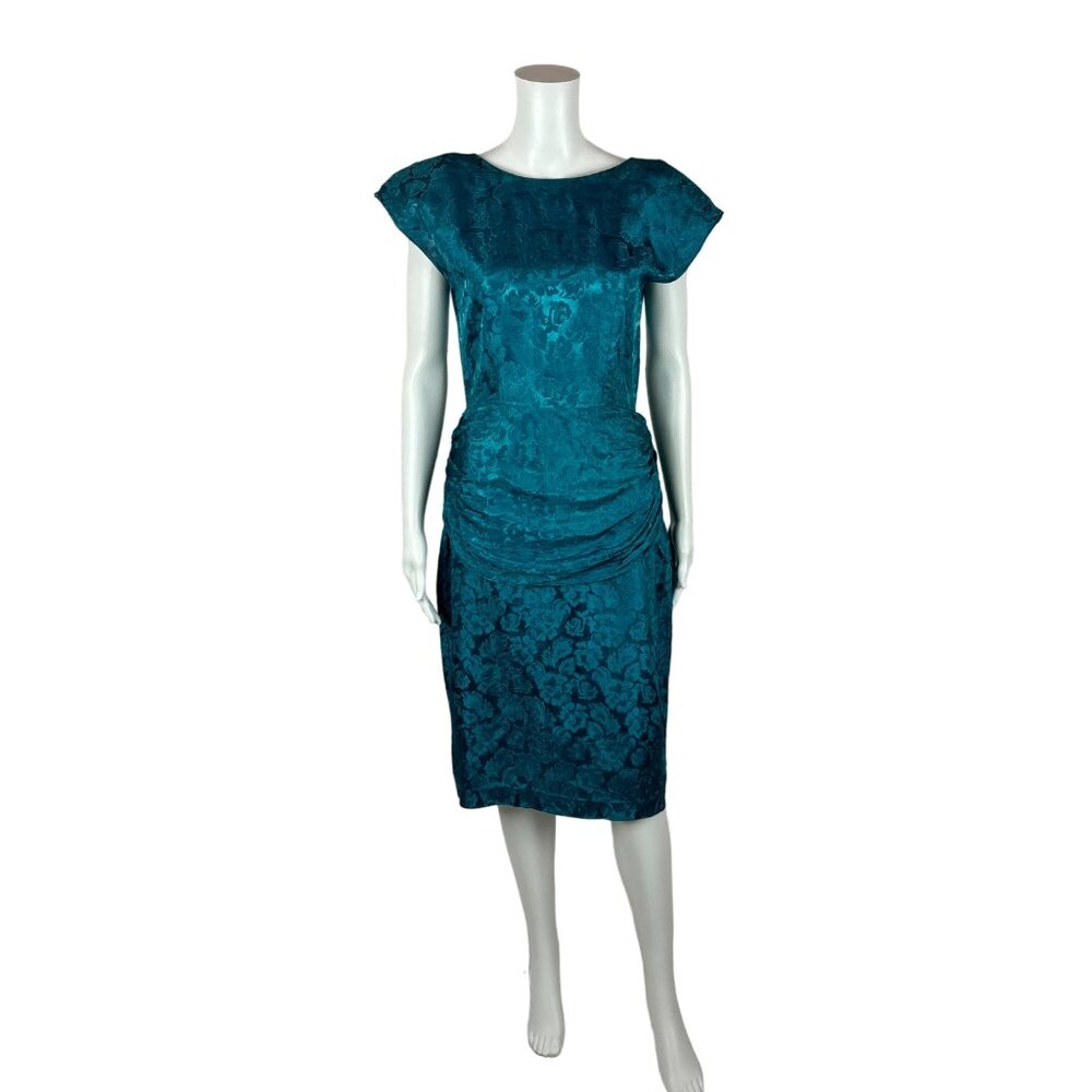 Vintage 80s Cocktail Dress Women's XS 50s Style Turquoise Gathered Bow Waist Wig